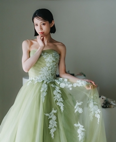 Aライン DCE201：淡いグリーンの花柄刺繍が施されたドレスを着た花嫁、頬に手を添えたポーズ。