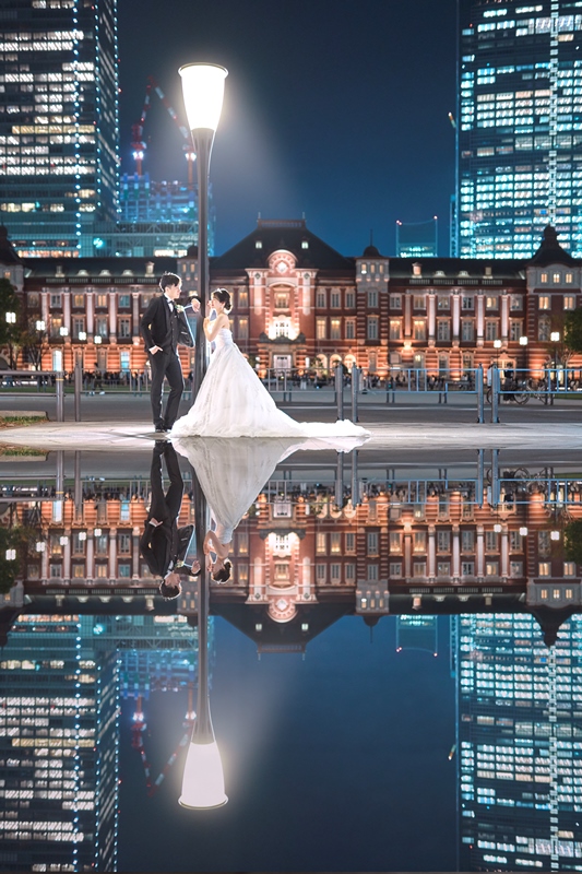 夜の東京駅 ライトアップ ウェディングフォト
